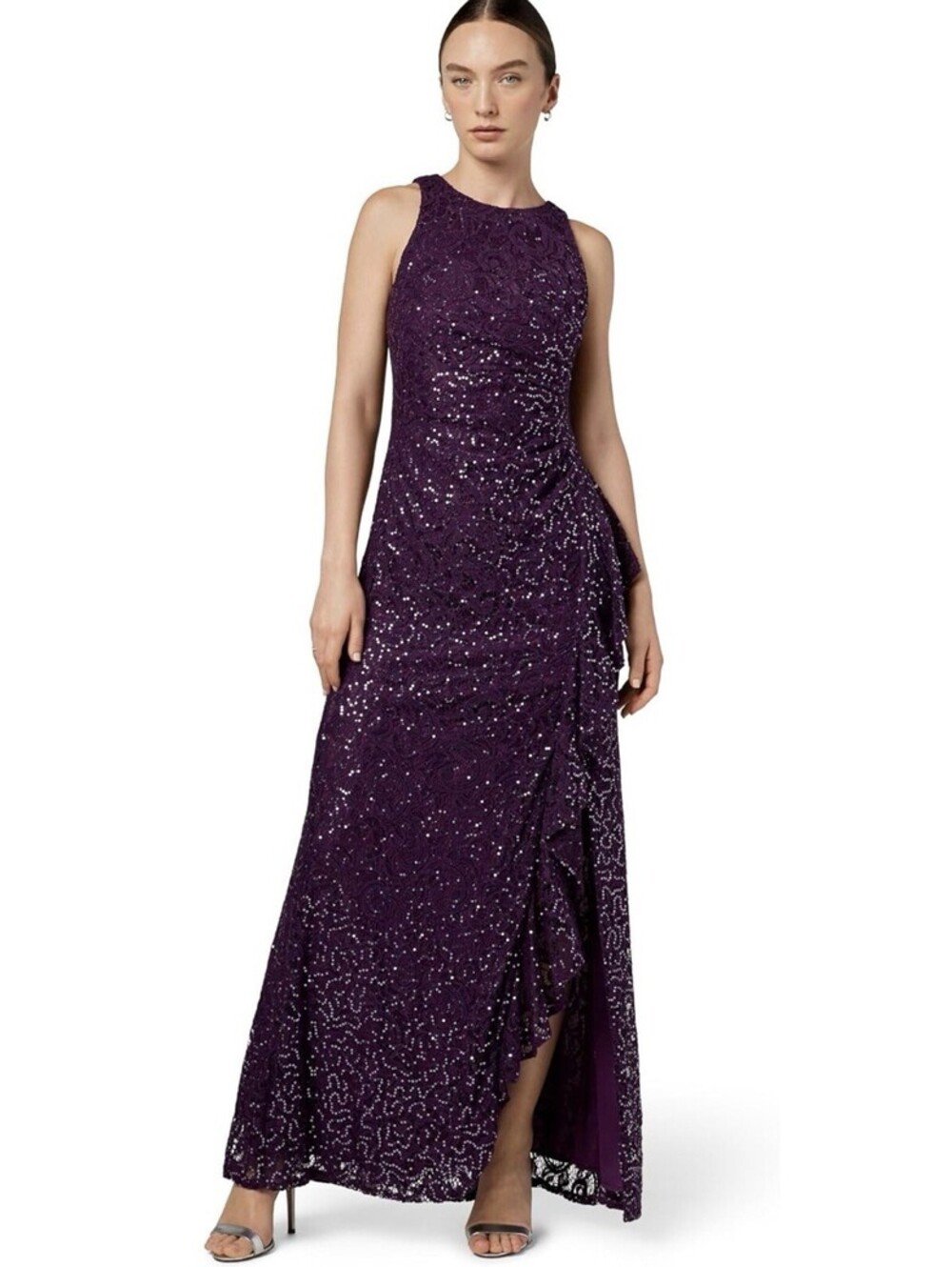 Alex Evenings Long Sleeveless Sequin Cascade Ruffle Gown Size 16 Plum NWT $219